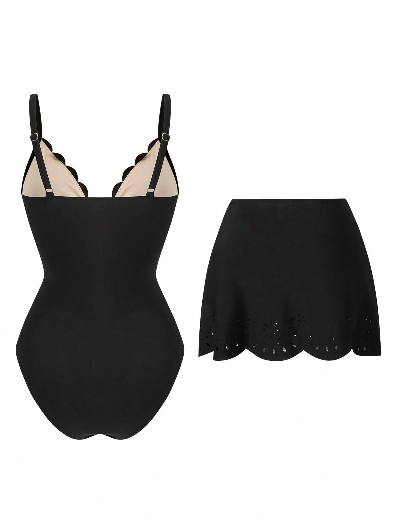 Swim Oasis Solid Color Hollow-Cut Spaghetti Strap Women's One-Piece Hollow Petal Hem Skirt High-End Set
