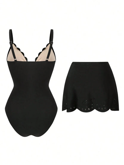 Swim Oasis Solid Color Hollow-Cut Spaghetti Strap Women's One-Piece Hollow Petal Hem Skirt High-End Set