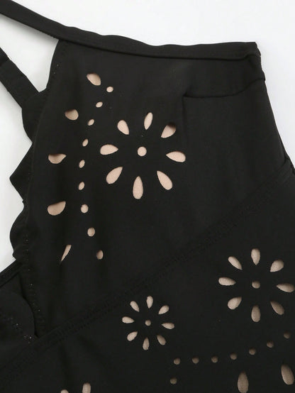 Swim Oasis Solid Color Hollow-Cut Spaghetti Strap Women's One-Piece Hollow Petal Hem Skirt High-End Set