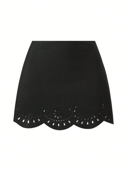 Swim Oasis Solid Color Hollow-Cut Spaghetti Strap Women's One-Piece Hollow Petal Hem Skirt High-End Set