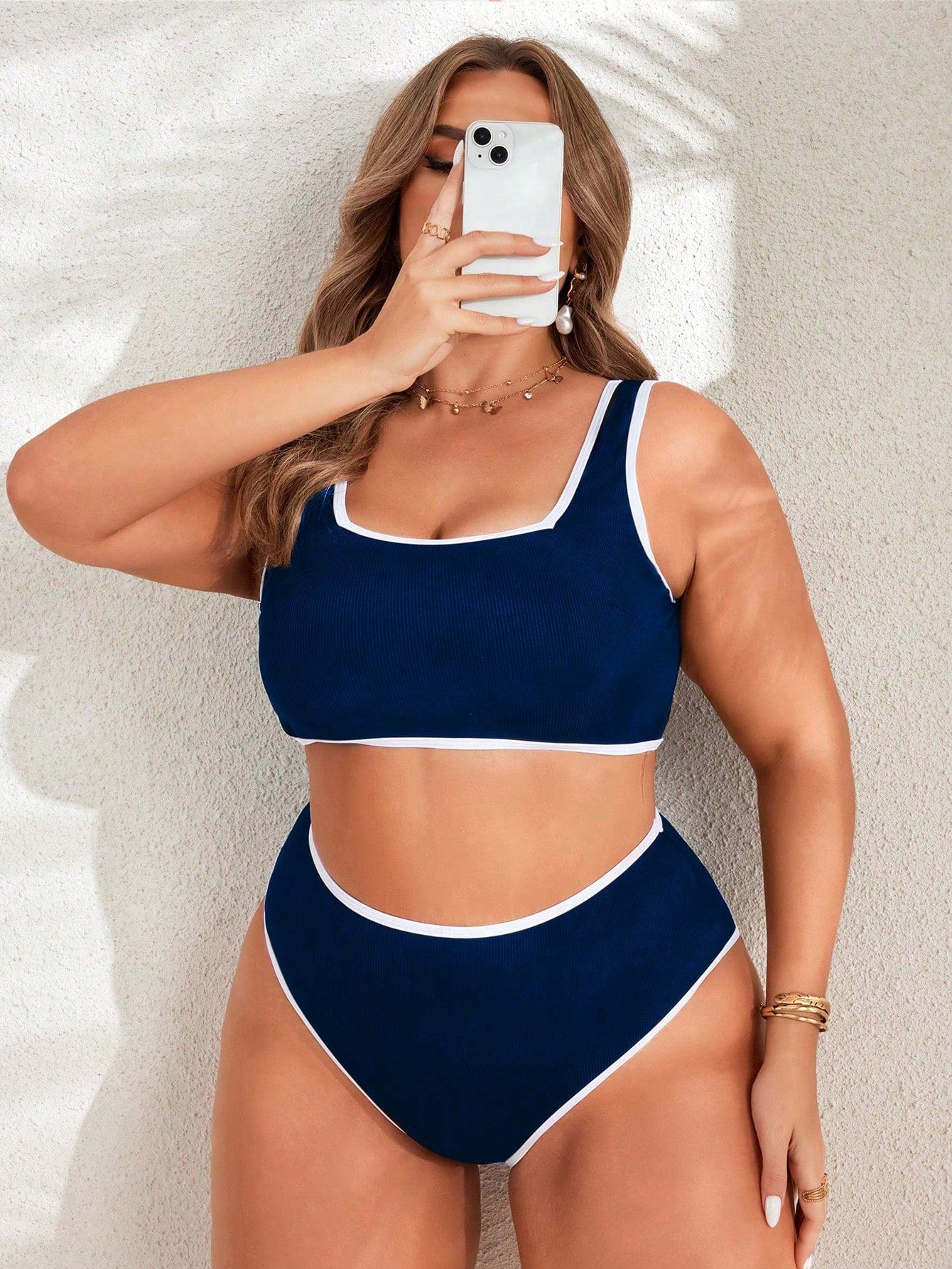 Swim SPRTY Plus Size Contrast Trim Tank Swim Top And Triangle Swim Bottoms For Summer Beach Vacation