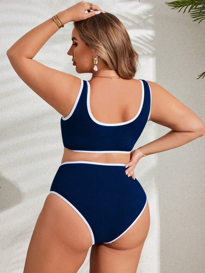 Swim SPRTY Plus Size Contrast Trim Tank Swim Top And Triangle Swim Bottoms For Summer Beach Vacation