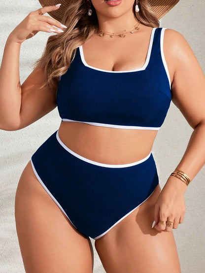 Swim SPRTY Plus Size Contrast Trim Tank Swim Top And Triangle Swim Bottoms For Summer Beach Vacation