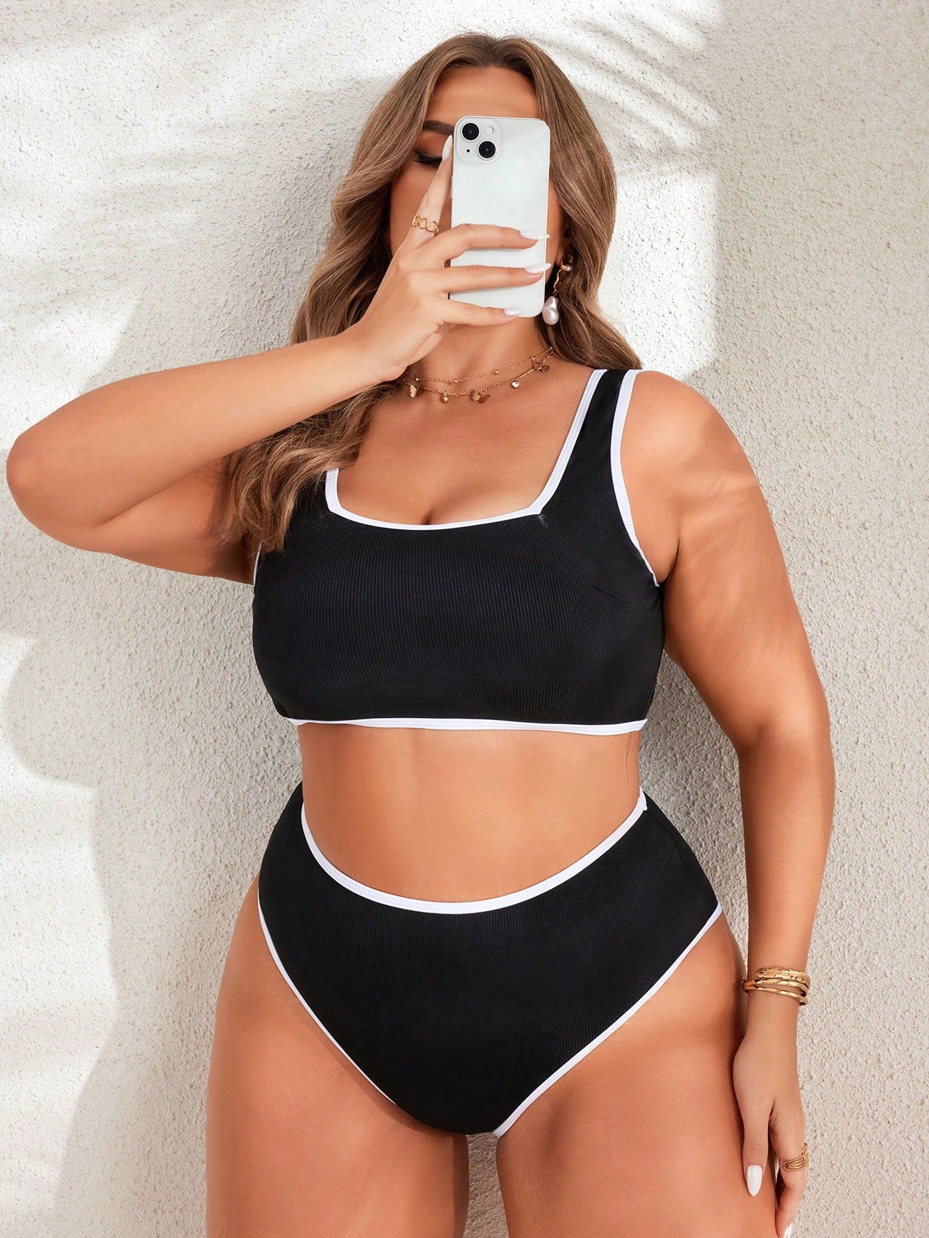 Swim SPRTY Plus Size Contrast Trim Tank Swim Top And Triangle Swim Bottoms For Summer Beach Vacation