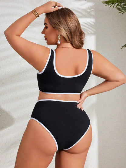 Swim SPRTY Plus Size Contrast Trim Tank Swim Top And Triangle Swim Bottoms For Summer Beach Vacation