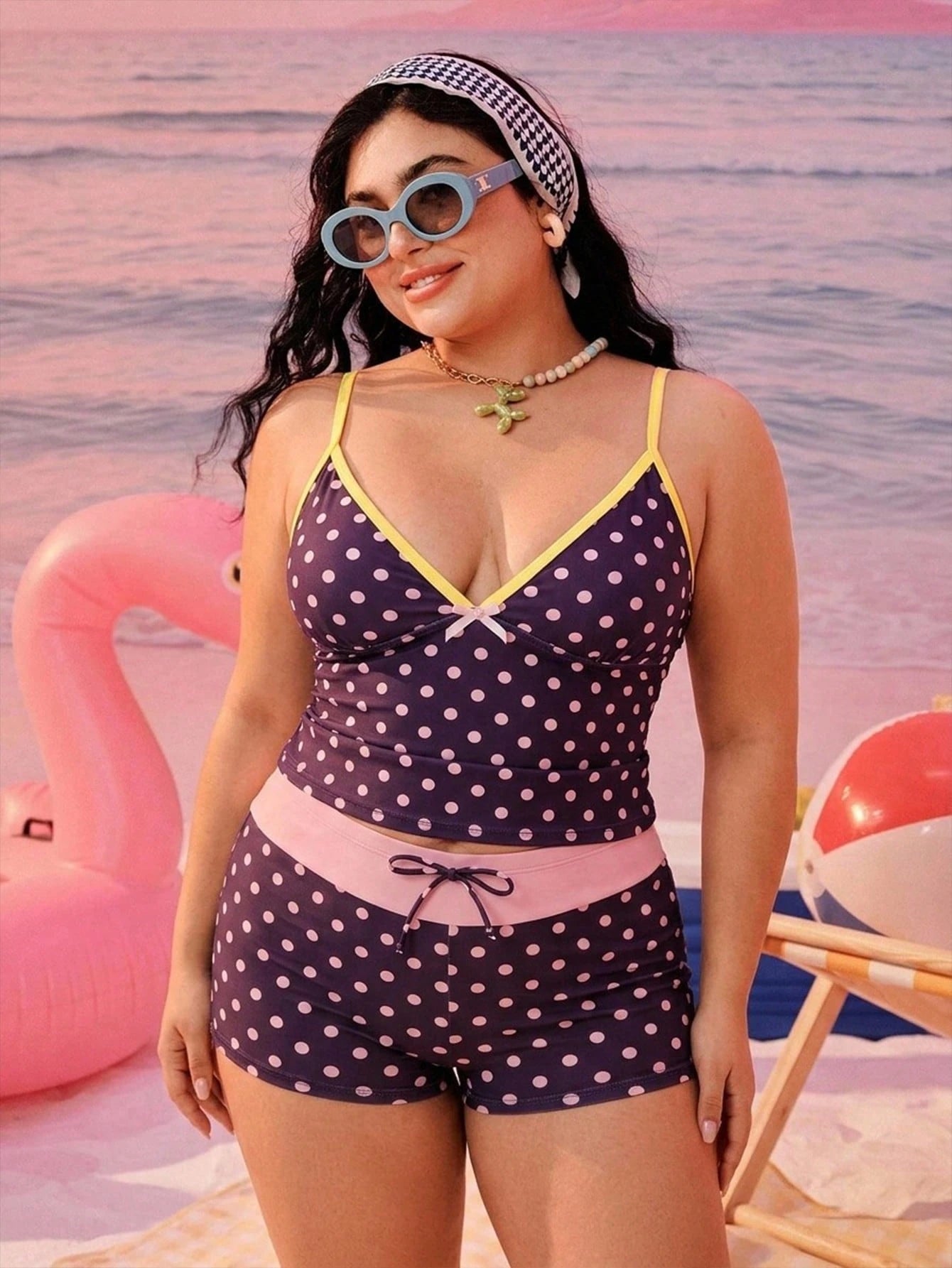 Swim SPRTY Plus Size Women Random Printed Polka Dot Sports Surfing Shorts Beach Vacation Summer