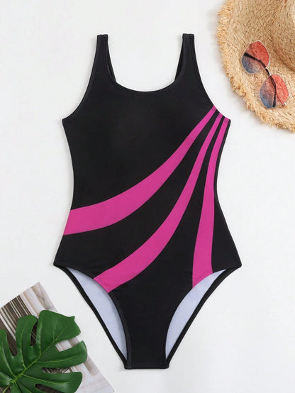 Swim SPRTY Summer Beach Women Splice Holiday Wear One-Piece Swimsuit
