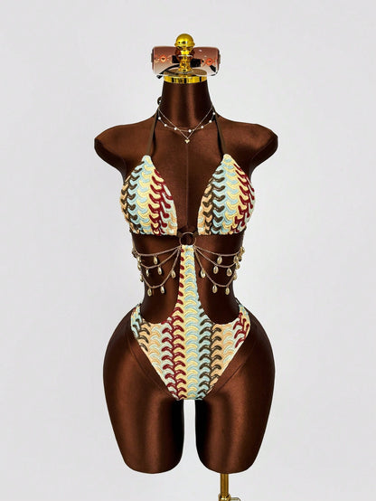 Swim SXY 2026 New Spring/Summer Women's One-Piece Metal Chain Decor Sexy Casual Swimsuit For Beach Vacation