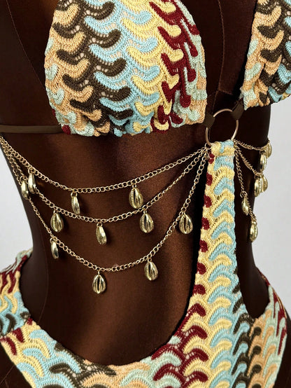Swim SXY 2026 New Spring/Summer Women's One-Piece Metal Chain Decor Sexy Casual Swimsuit For Beach Vacation