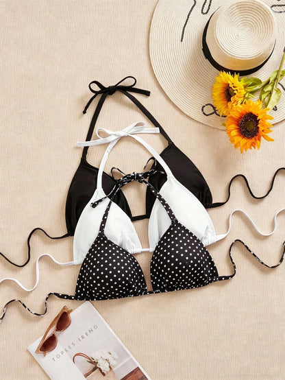 Swim SXY 3pcs Plus Size Women's Swimwear Top, Black, White, Leopard Print, Adjustable Spaghetti Strap, Minimalist Daily Wear Bikini Top
