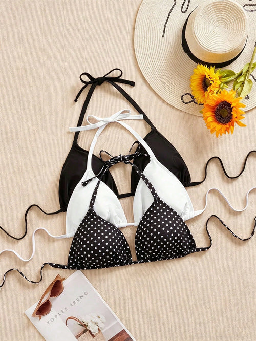 Swim SXY 3pcs Plus Size Women's Swimwear Top, Black, White, Leopard Print, Adjustable Spaghetti Strap, Minimalist Daily Wear Bikini Top