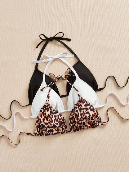 Swim SXY 3pcs Plus Size Women's Swimwear Top, Black, White, Leopard Print, Adjustable Spaghetti Strap, Minimalist Daily Wear Bikini Top