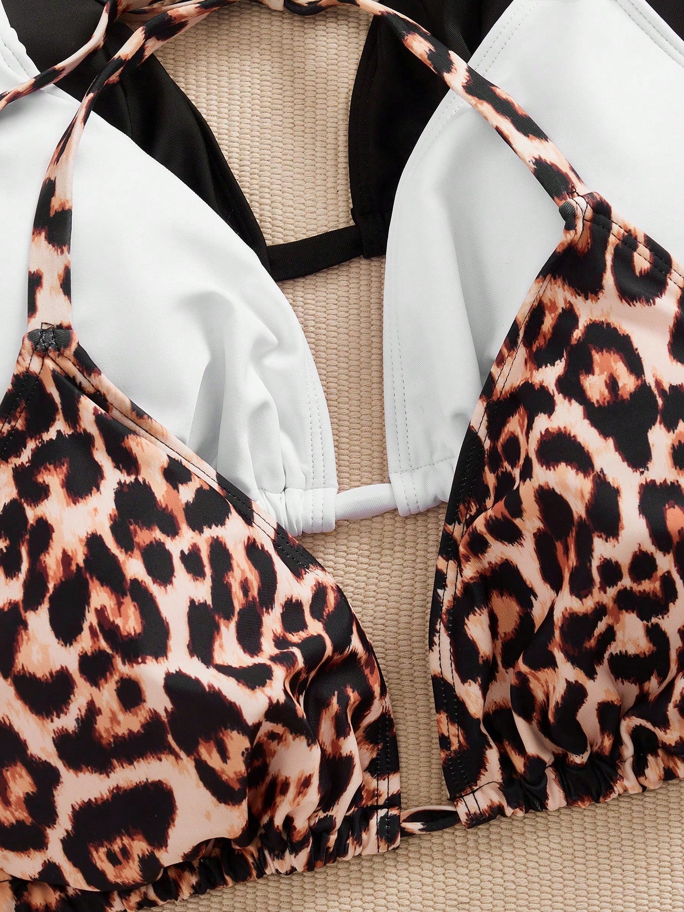 Swim SXY 3pcs Plus Size Women's Swimwear Top, Black, White, Leopard Print, Adjustable Spaghetti Strap, Minimalist Daily Wear Bikini Top