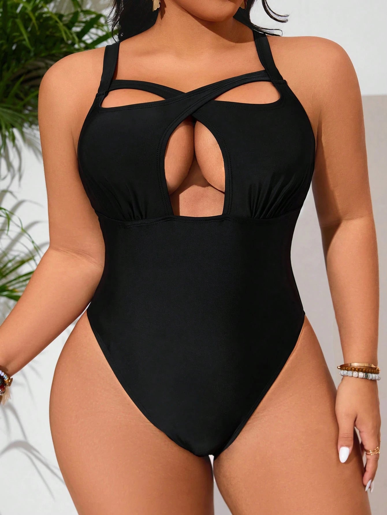 Swim SXY Plus Size Summer Vacation Solid Color Sexy Party Hollow-Out One-Piece Swimsuit