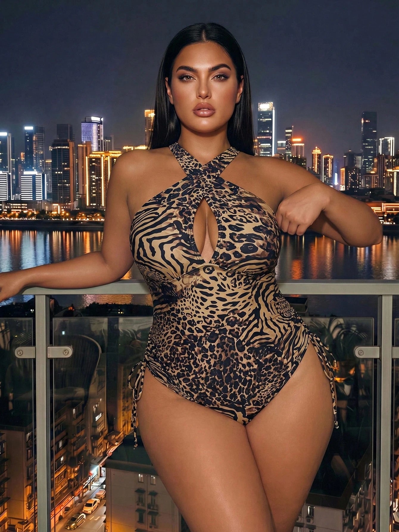 Swim SXY Plus Size Women's Elegant Leopard Print One-Piece Swimsuit, Criss-Cross Strap Design,Adjustable Side Drawstring,Summer,Rave,Vacation,Holiday Wear