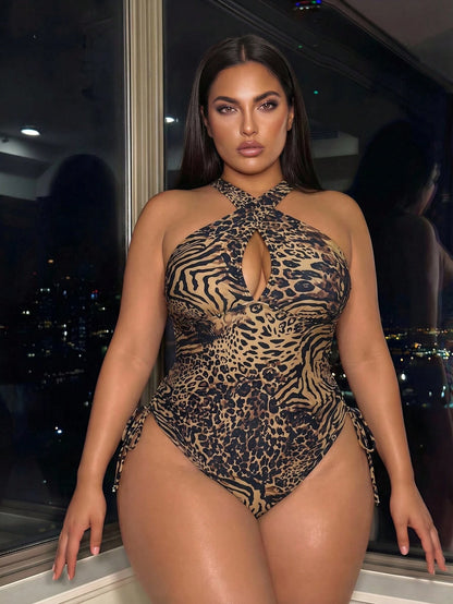 Swim SXY Plus Size Women's Elegant Leopard Print One-Piece Swimsuit, Criss-Cross Strap Design,Adjustable Side Drawstring,Summer,Rave,Vacation,Holiday Wear