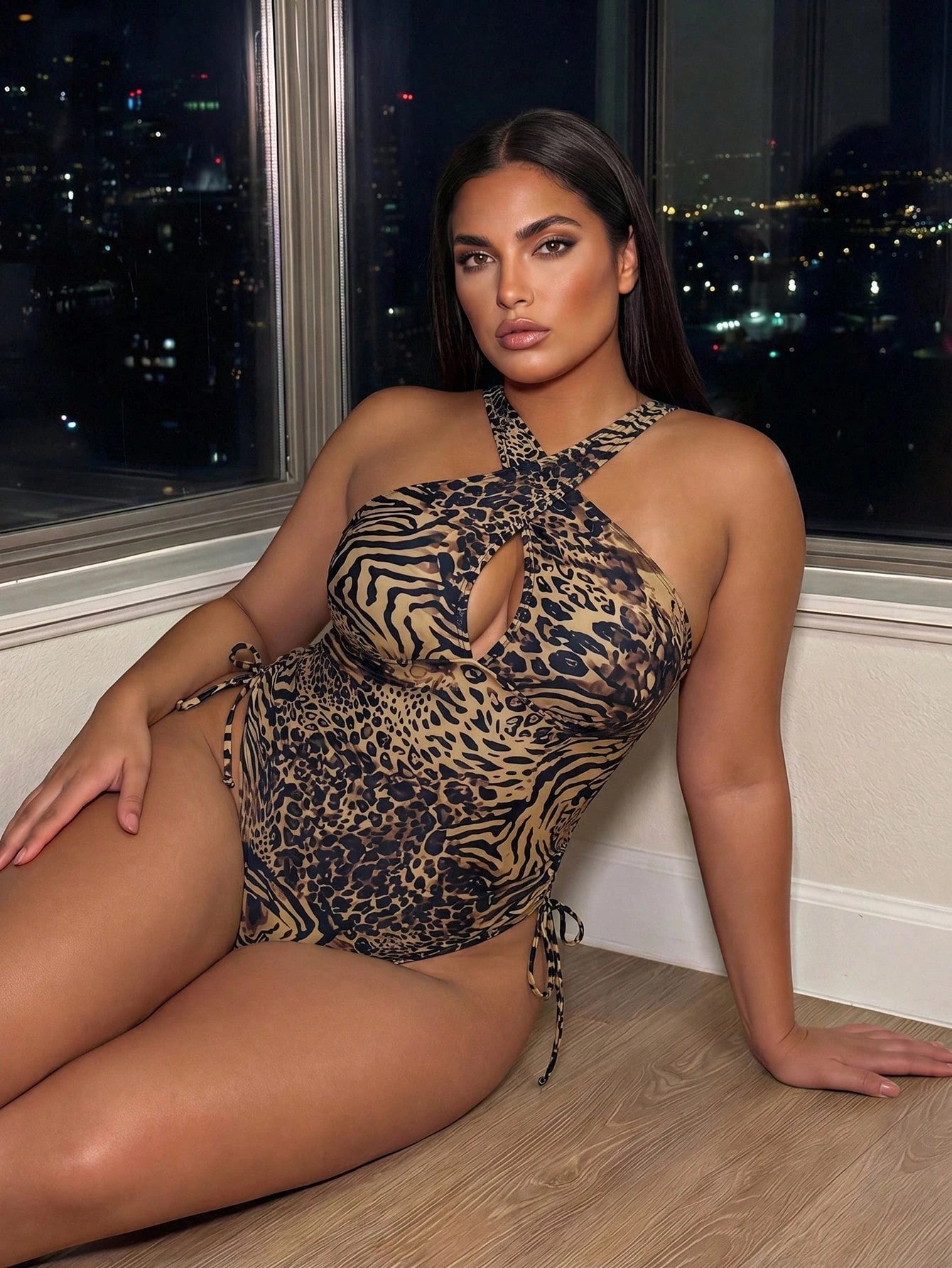 Swim SXY Plus Size Women's Elegant Leopard Print One-Piece Swimsuit, Criss-Cross Strap Design,Adjustable Side Drawstring,Summer,Rave,Vacation,Holiday Wear