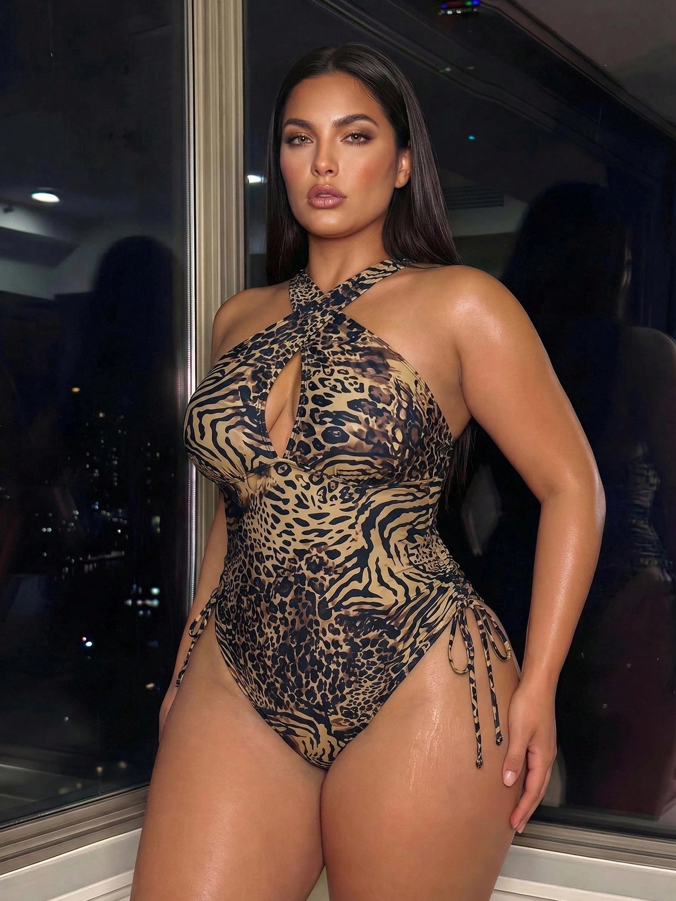 Swim SXY Plus Size Women's Elegant Leopard Print One-Piece Swimsuit, Criss-Cross Strap Design,Adjustable Side Drawstring,Summer,Rave,Vacation,Holiday Wear