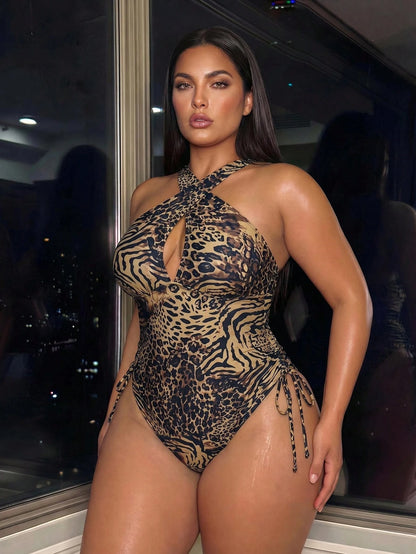 Swim SXY Plus Size Women's Elegant Leopard Print One-Piece Swimsuit, Criss-Cross Strap Design,Adjustable Side Drawstring,Summer,Rave,Vacation,Holiday Wear