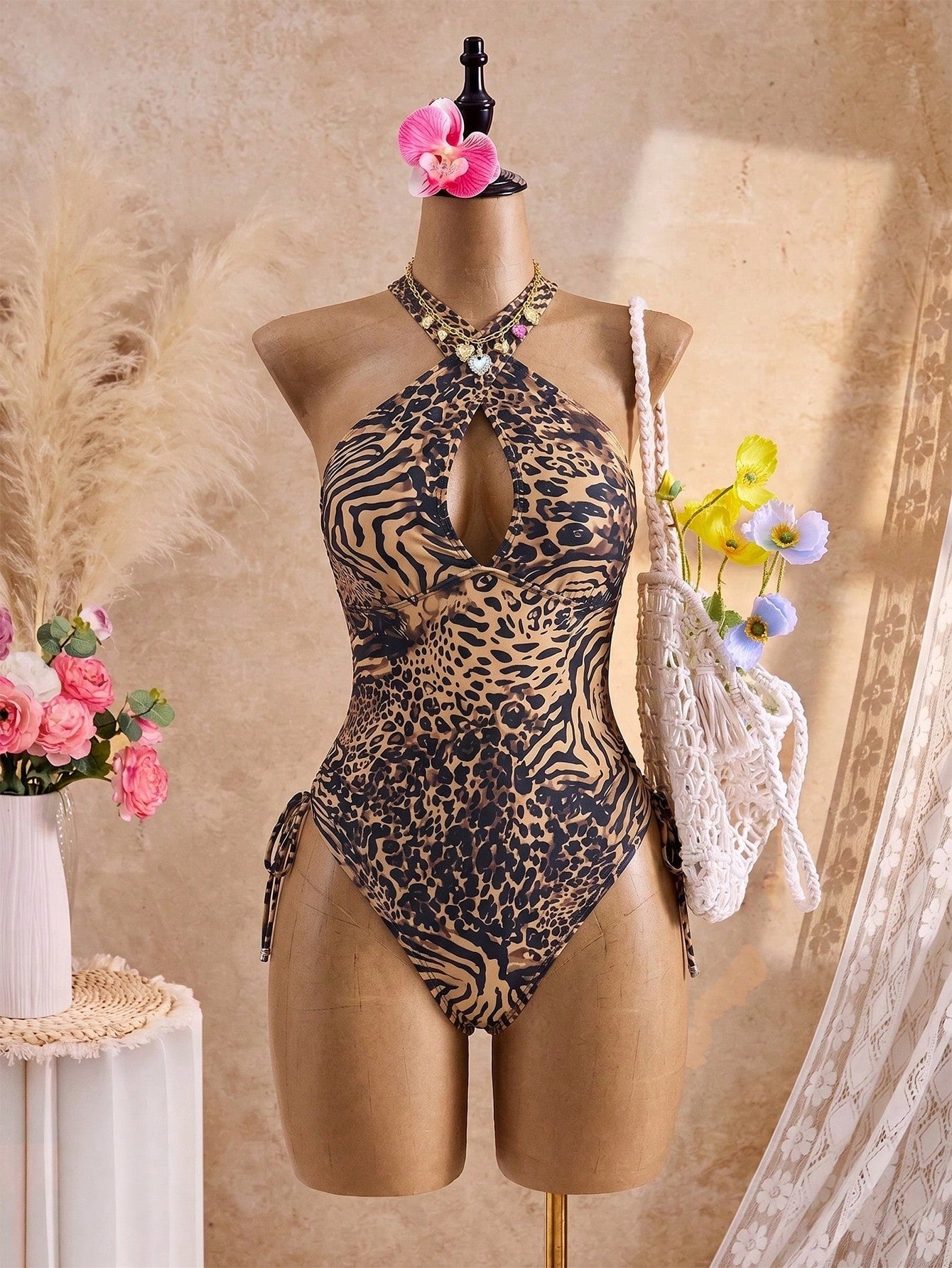 Swim SXY Plus Size Women's Elegant Leopard Print One-Piece Swimsuit, Criss-Cross Strap Design,Adjustable Side Drawstring,Summer,Rave,Vacation,Holiday Wear
