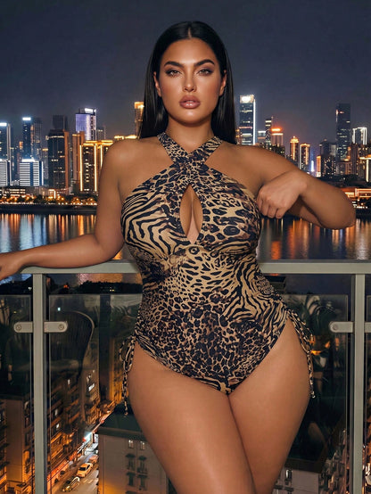 Swim SXY Plus Size Women's Elegant Leopard Print One-Piece Swimsuit, Criss-Cross Strap Design,Adjustable Side Drawstring,Summer,Rave,Vacation,Holiday Wear