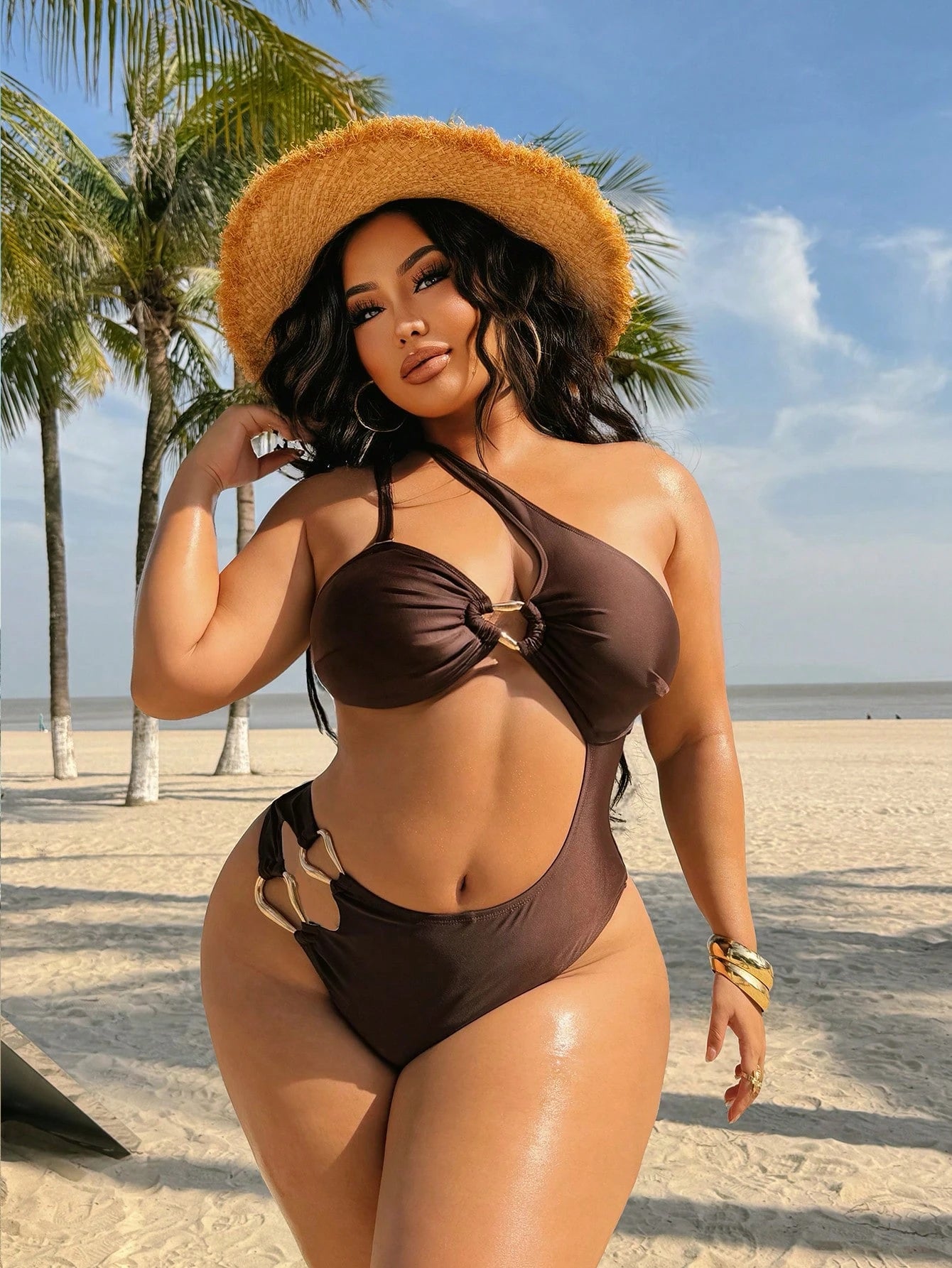 Swim SXY Plus Size Women's Solid Brown Knit One-Piece Swimsuit, Minimalist Oblique Collar Strap Design, Casual Resort Style