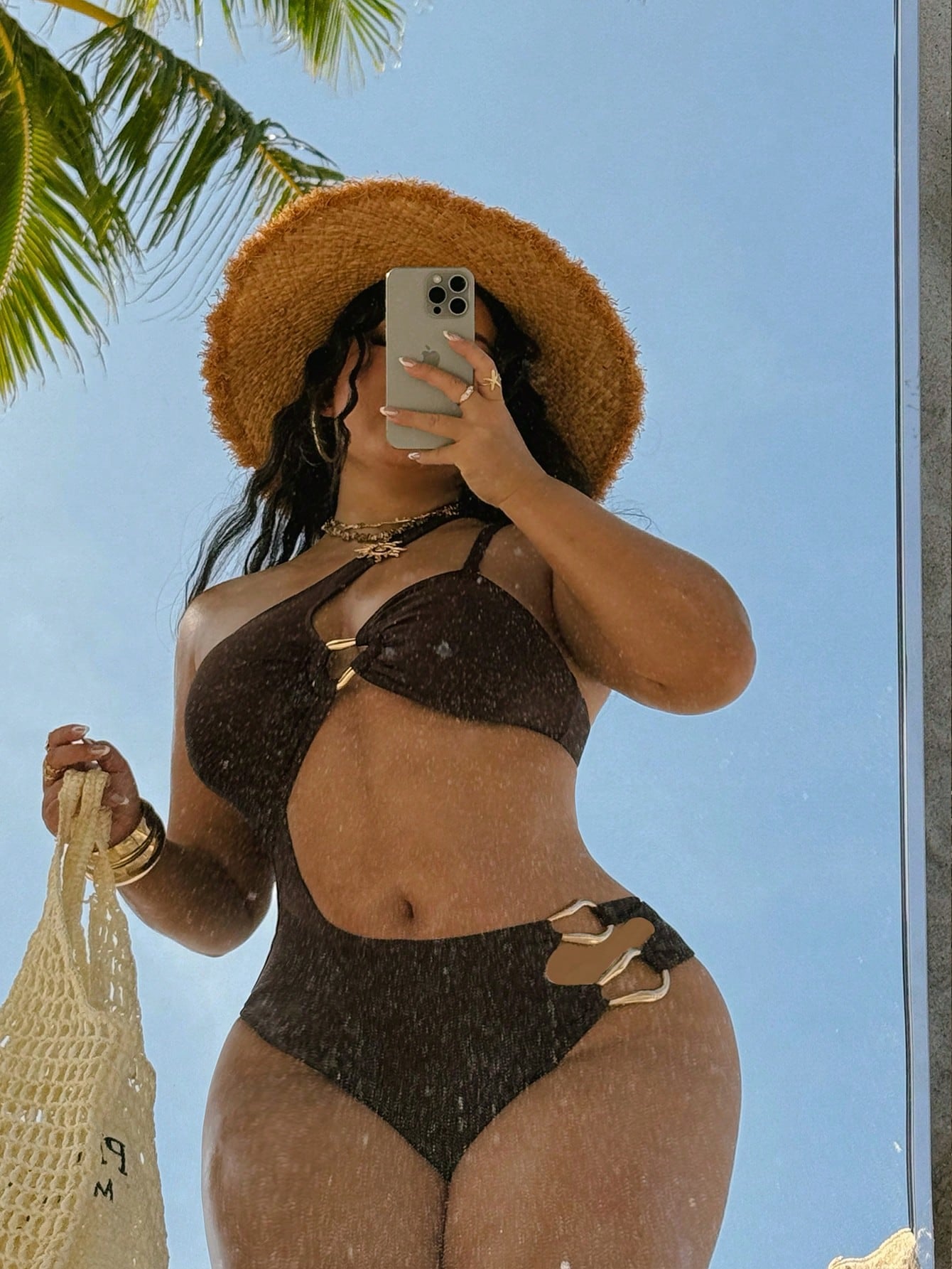 Swim SXY Plus Size Women's Solid Brown Knit One-Piece Swimsuit, Minimalist Oblique Collar Strap Design, Casual Resort Style