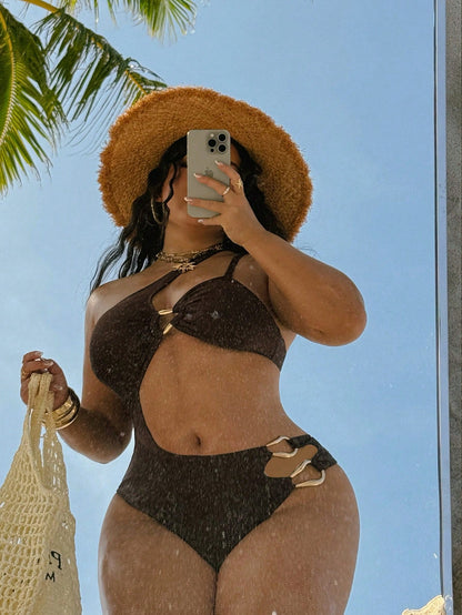 Swim SXY Plus Size Women's Solid Brown Knit One-Piece Swimsuit, Minimalist Oblique Collar Strap Design, Casual Resort Style