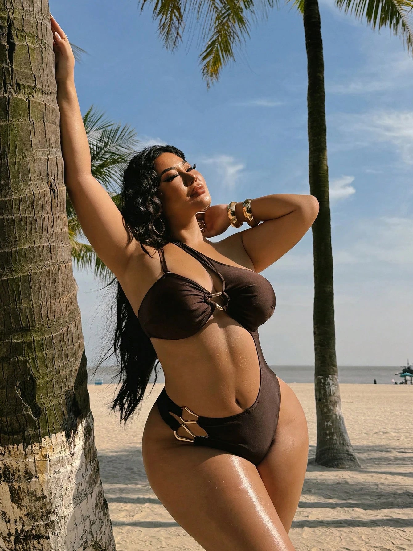 Swim SXY Plus Size Women's Solid Brown Knit One-Piece Swimsuit, Minimalist Oblique Collar Strap Design, Casual Resort Style