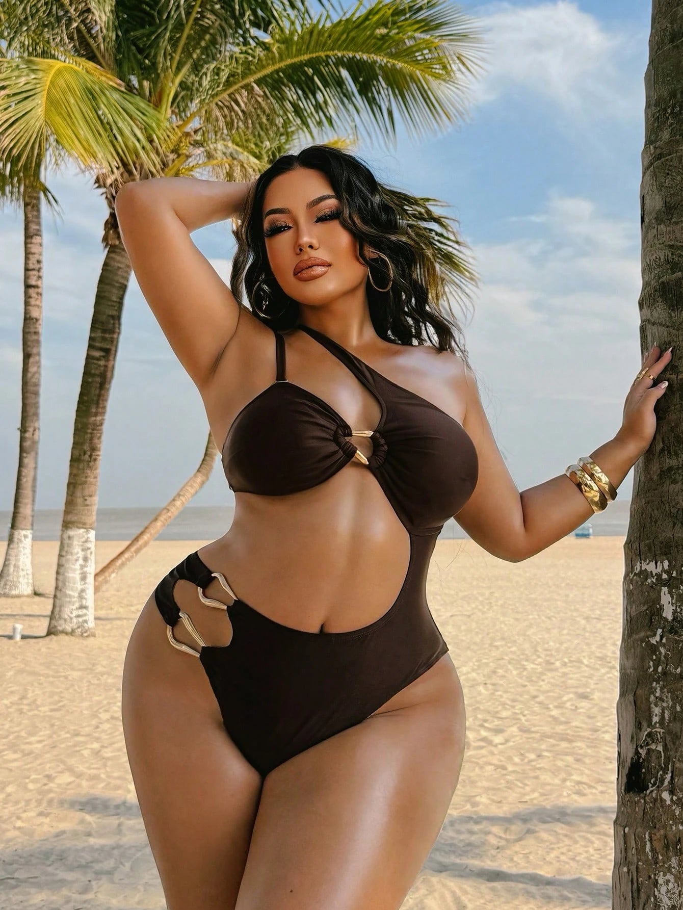 Swim SXY Plus Size Women's Solid Brown Knit One-Piece Swimsuit, Minimalist Oblique Collar Strap Design, Casual Resort Style