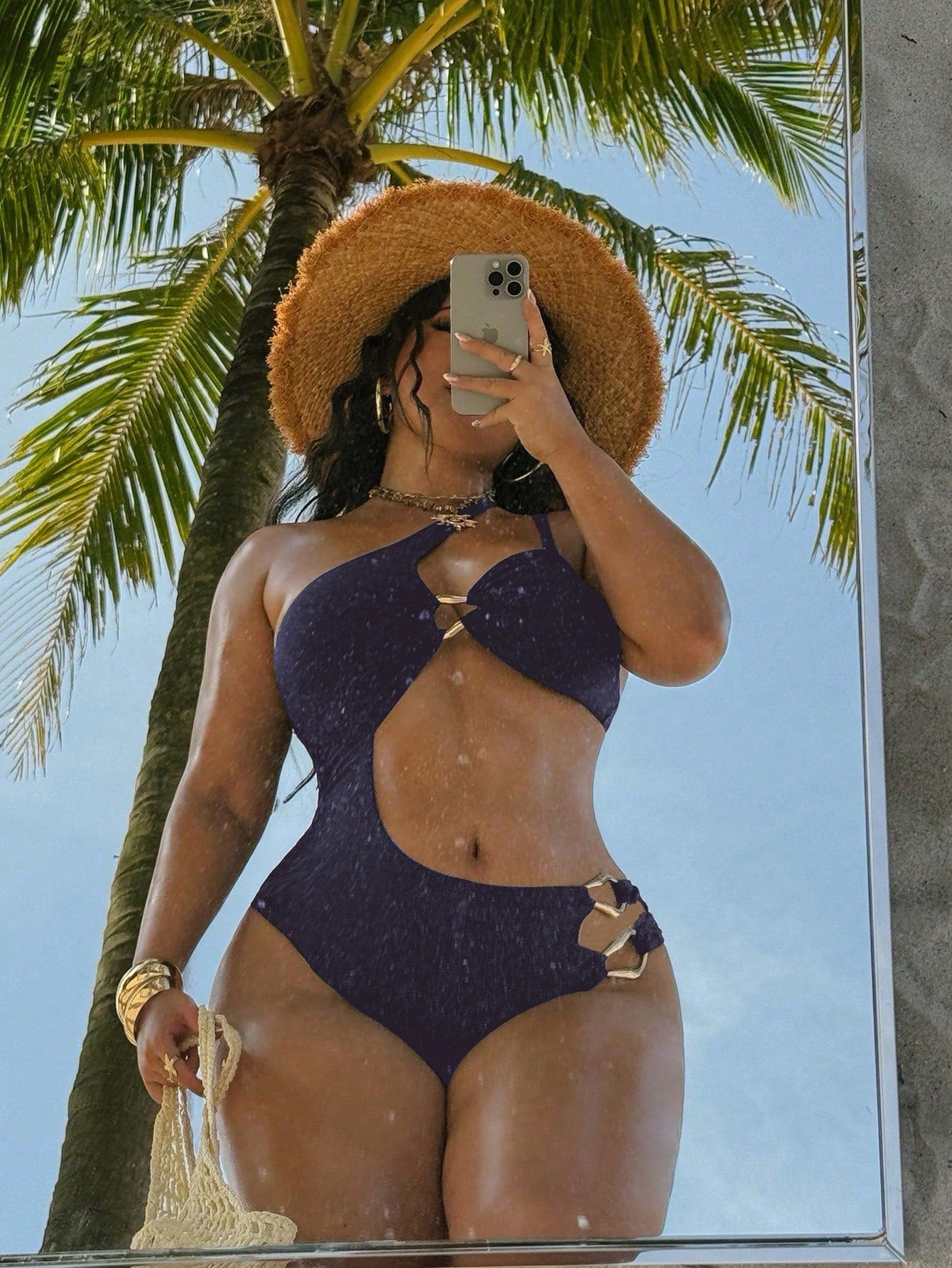 Swim SXY Plus Size Women's Solid Brown Knit One-Piece Swimsuit, Minimalist Oblique Collar Strap Design, Casual Resort Style