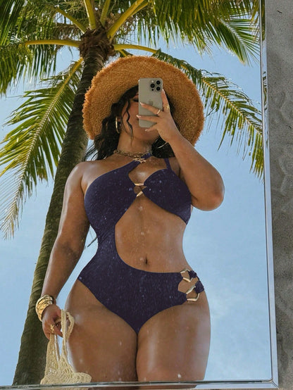 Swim SXY Plus Size Women's Solid Brown Knit One-Piece Swimsuit, Minimalist Oblique Collar Strap Design, Casual Resort Style