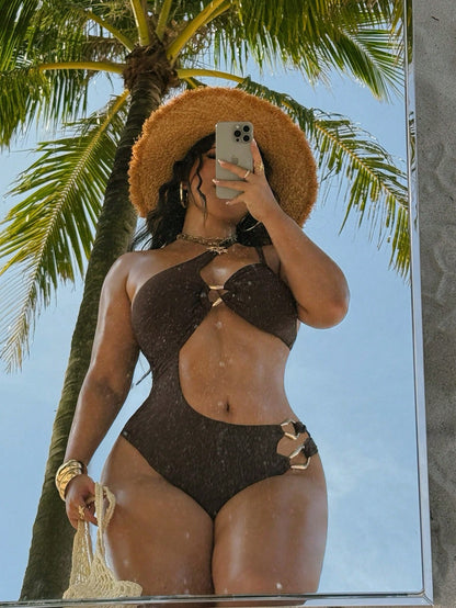 Swim SXY Plus Size Women's Solid Brown Knit One-Piece Swimsuit, Minimalist Oblique Collar Strap Design, Casual Resort Style