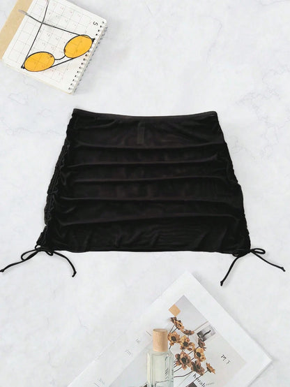Swim SXY Plus Size Women Solid Color Mesh Drawstring Sides Skirt, Beach Beach Vacation Cover-Up Summer
