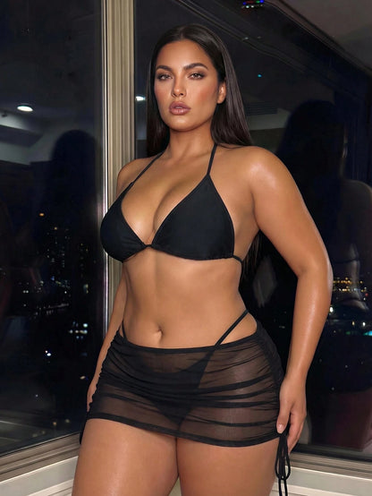 Swim SXY Plus Size Women Solid Color Mesh Drawstring Sides Skirt, Beach Beach Vacation Cover-Up Summer