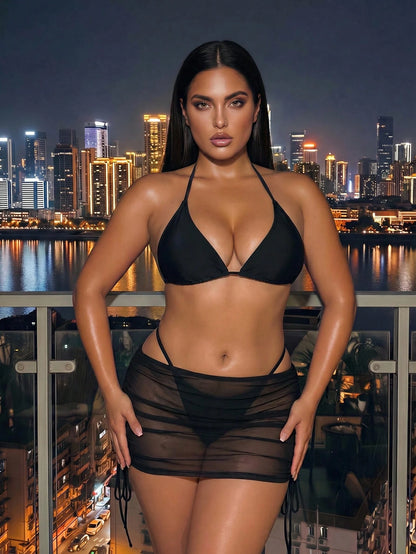 Swim SXY Plus Size Women Solid Color Mesh Drawstring Sides Skirt, Beach Beach Vacation Cover-Up Summer