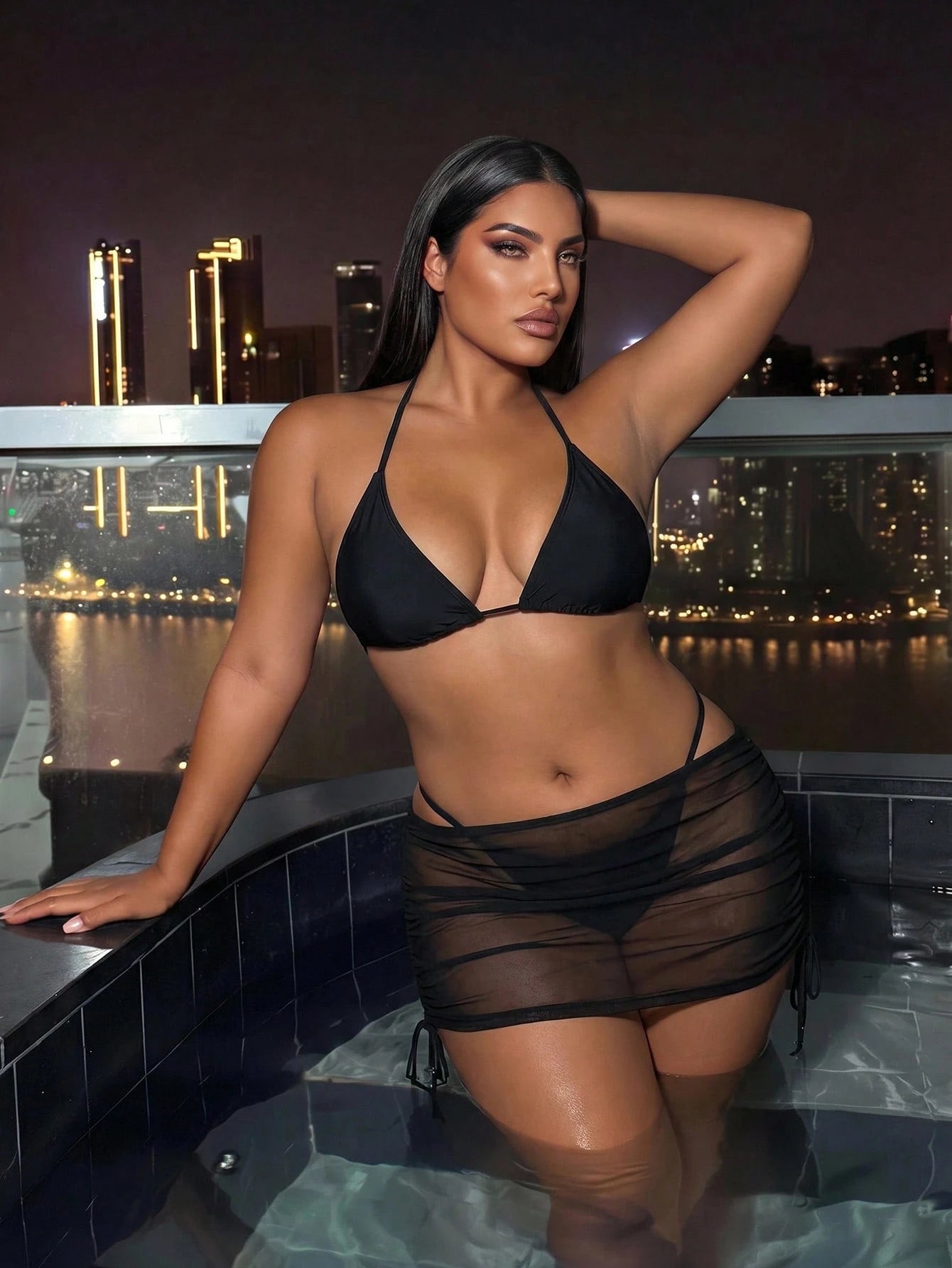 Swim SXY Plus Size Women Solid Color Mesh Drawstring Sides Skirt, Beach Beach Vacation Cover-Up Summer