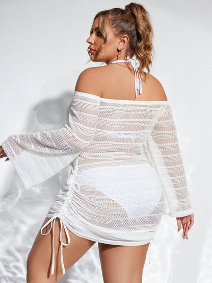 Swim SXY Summer Beach Plus Size Solid Color Off-Shoulder Hollow Knit Side Drawstring See-Through Cover Up