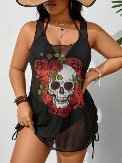 Swim SXY Summer Beach Plus Size Women's Fashionable Skeleton Printed Sleeveless Cover Up Top, Halloween