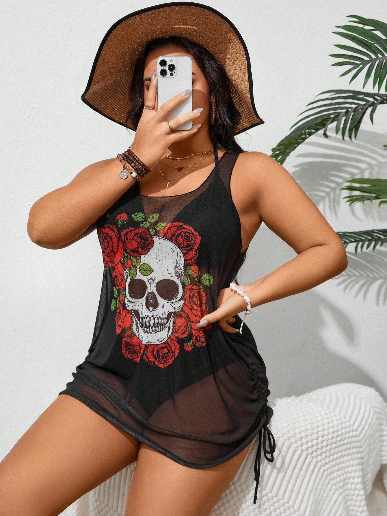 Swim SXY Summer Beach Plus Size Women's Fashionable Skeleton Printed Sleeveless Cover Up Top, Halloween