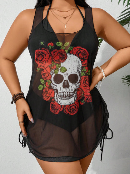Swim SXY Summer Beach Plus Size Women's Fashionable Skeleton Printed Sleeveless Cover Up Top, Halloween