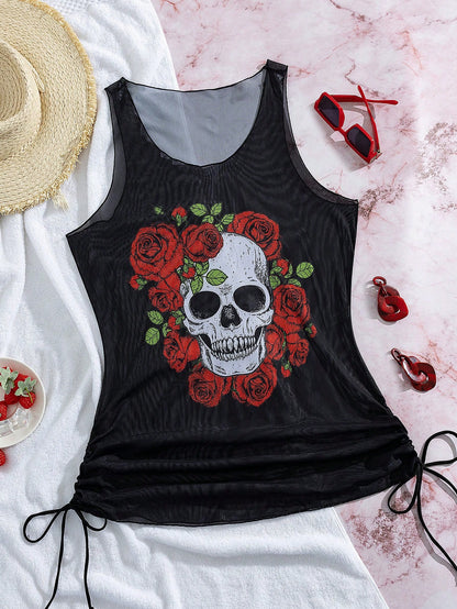 Swim SXY Summer Beach Plus Size Women's Fashionable Skeleton Printed Sleeveless Cover Up Top, Halloween