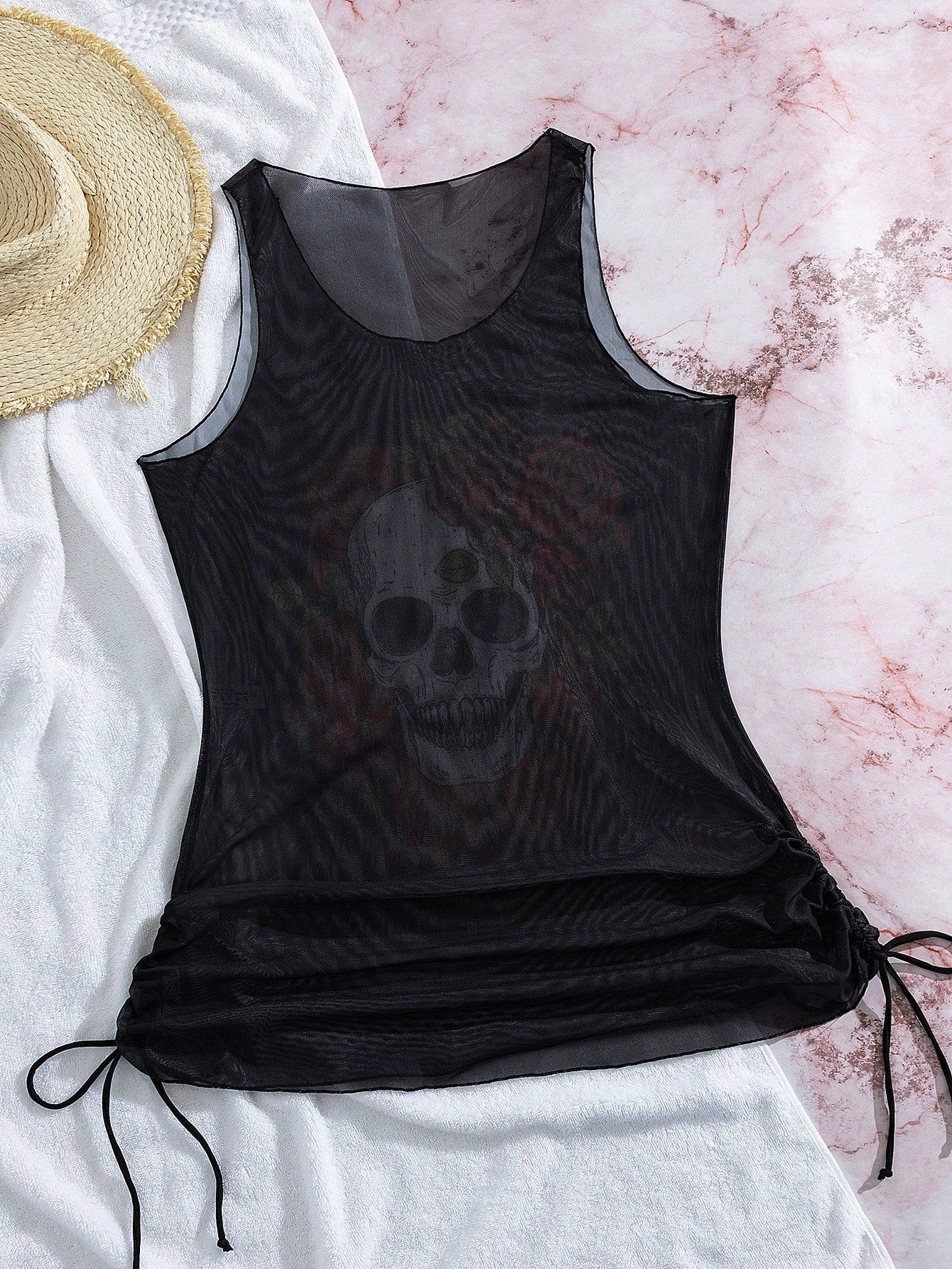 Swim SXY Summer Beach Plus Size Women's Fashionable Skeleton Printed Sleeveless Cover Up Top, Halloween