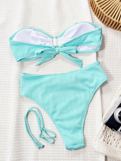 Swim SXY Swim Summer New Solid Color Jacquard Fabric Bandeau Casual Back Tie Detachable Spaghetti Strap High Waist Shorts Metal Shell Decor Beach Bikini Set Women Two-Piece Swimwear