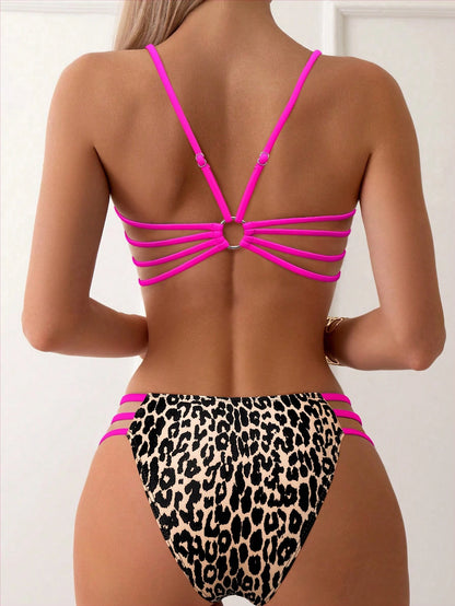 Swim SXY Women's Summer Beach Leopard Print Spaghetti Strap Bikini And Triangle Bottom Two-Piece Swimsuit Set