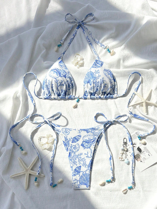 Swim Vcay 1 Set Women's Textured Fabric Random Printed Shell Decor Halter Tie Side Sexy Bikini Swimsuit For Beach Vacation For Summer