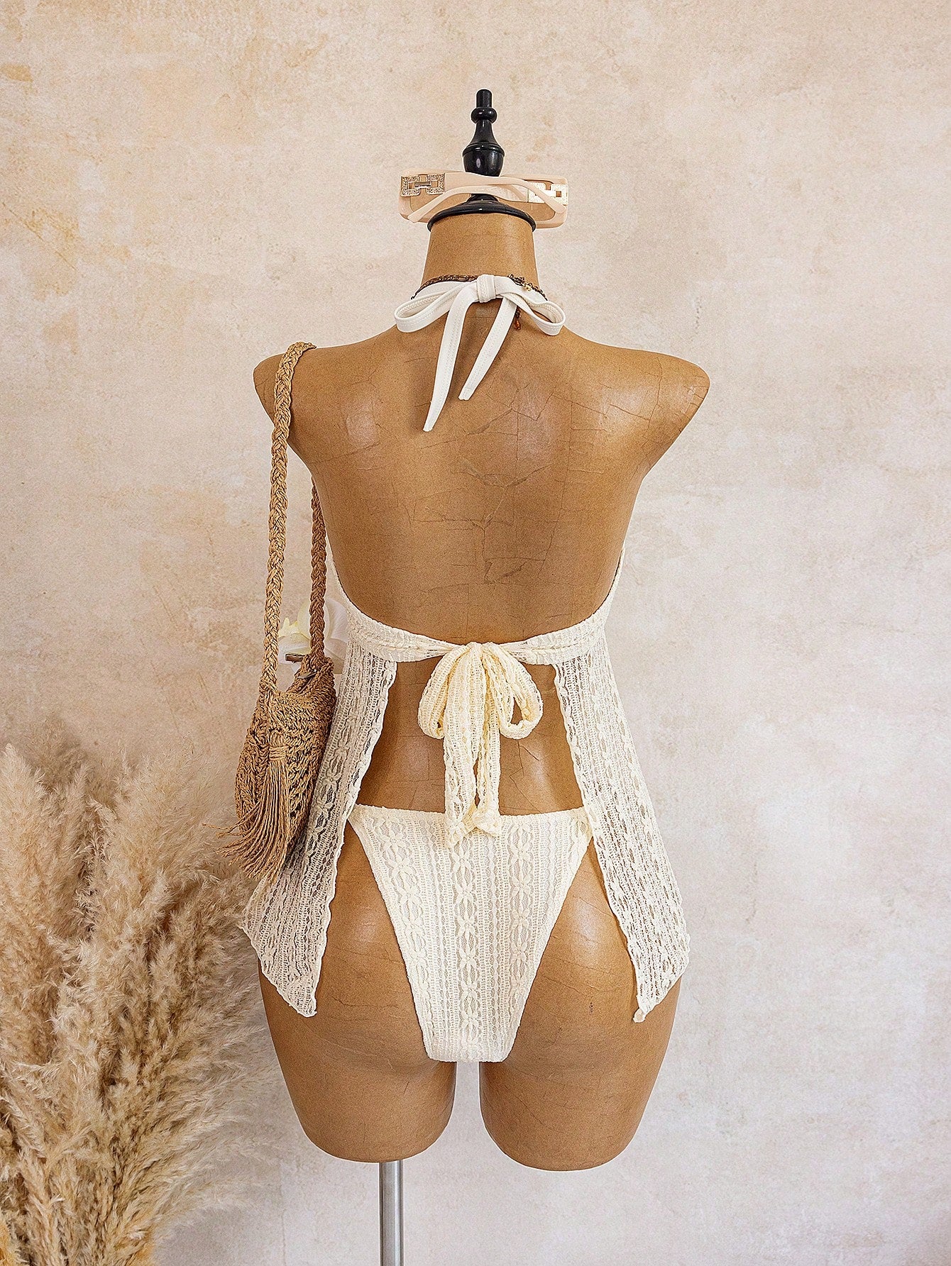 Swim Vcay 2026 New 2pcs Plus Size Women Floral Lace Texture Spaghetti Strap Tankini Bikini Set With Triangle Bottoms, Suitable For Beach, Resort Wear