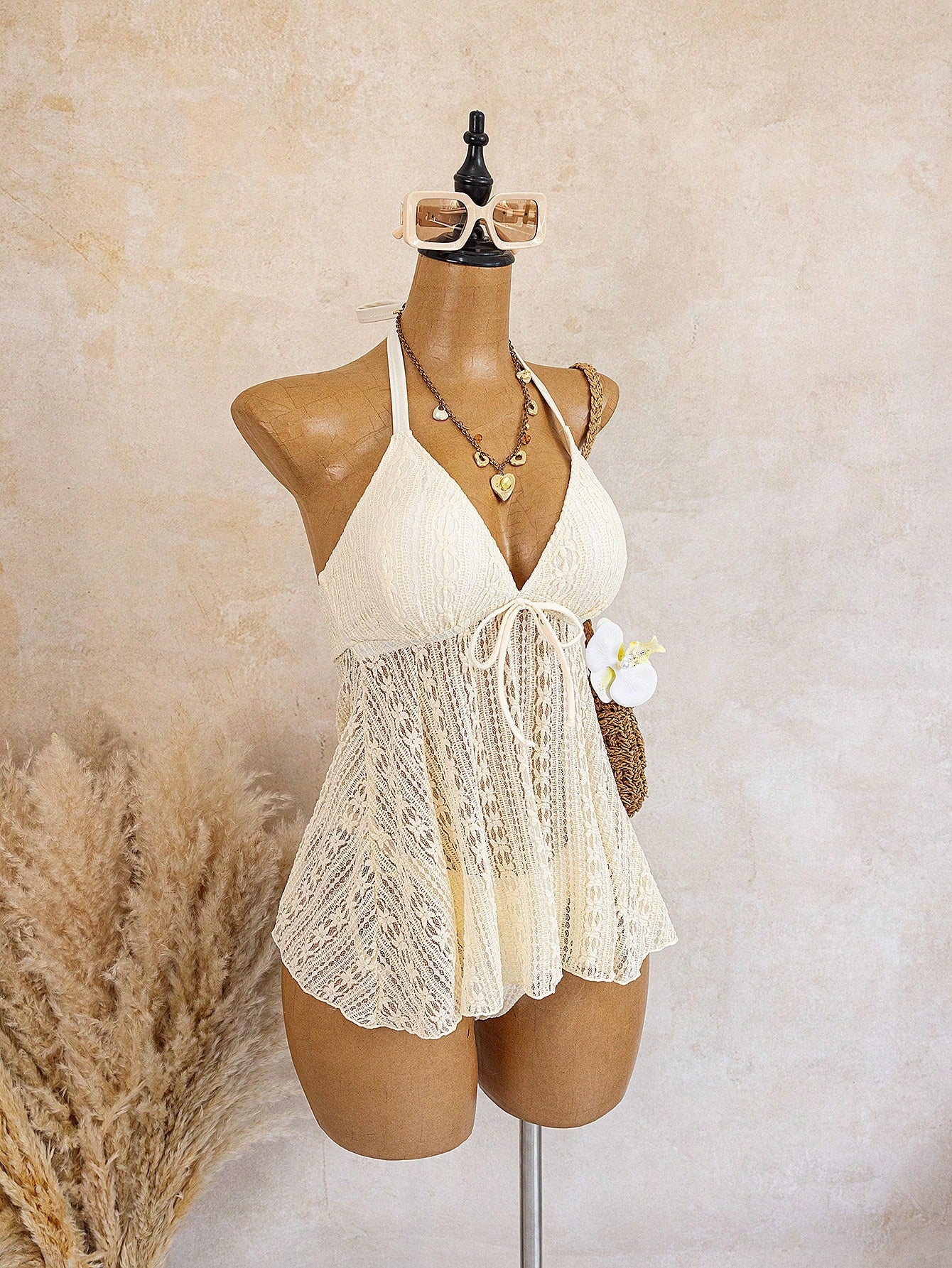 Swim Vcay 2026 New 2pcs Plus Size Women Floral Lace Texture Spaghetti Strap Tankini Bikini Set With Triangle Bottoms, Suitable For Beach, Resort Wear