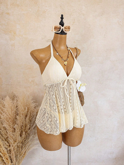Swim Vcay 2026 New 2pcs Plus Size Women Floral Lace Texture Spaghetti Strap Tankini Bikini Set With Triangle Bottoms, Suitable For Beach, Resort Wear