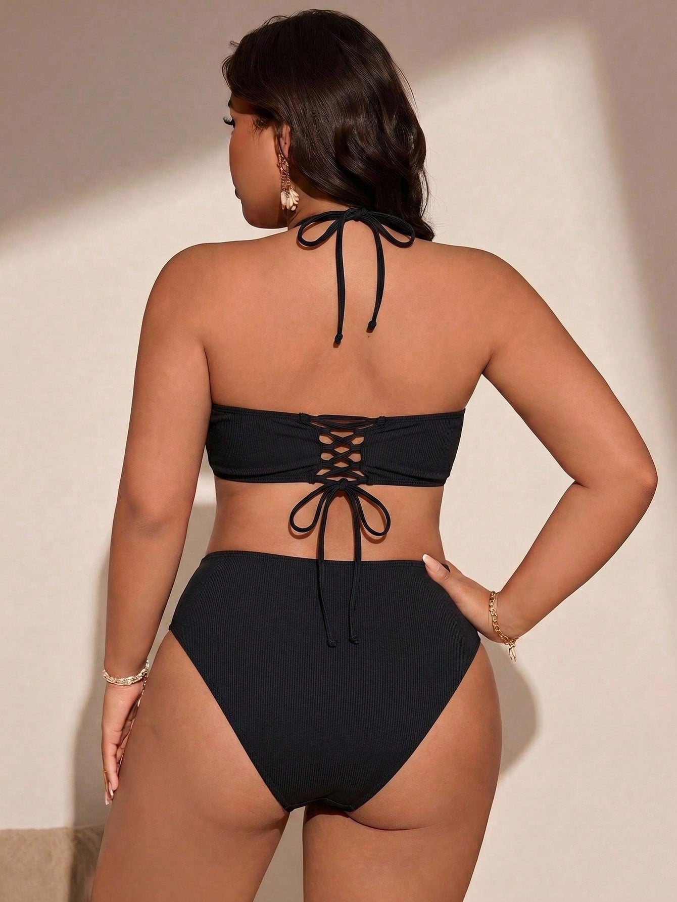 Swim Vcay 2026 New Plus Size 2-Piece Minimalist Vacation Bandeau Swimsuit Set, Black, Back Criss-Cross Tie, Adjustable Bikini Bottoms Beach Summer